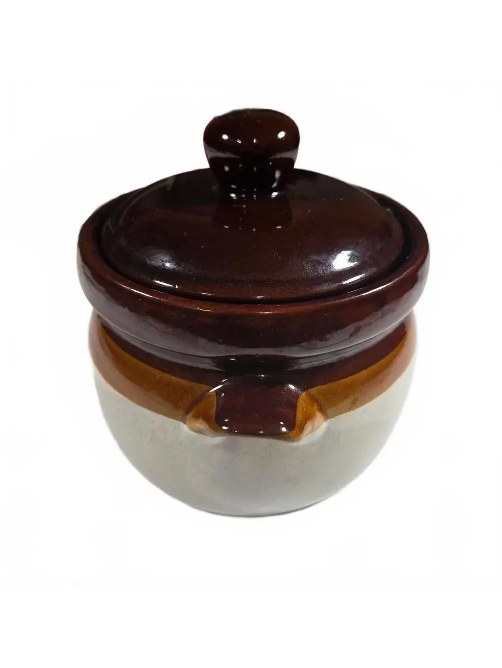 Vintage Ceramic Brown and Cream Covered Pot with Handles